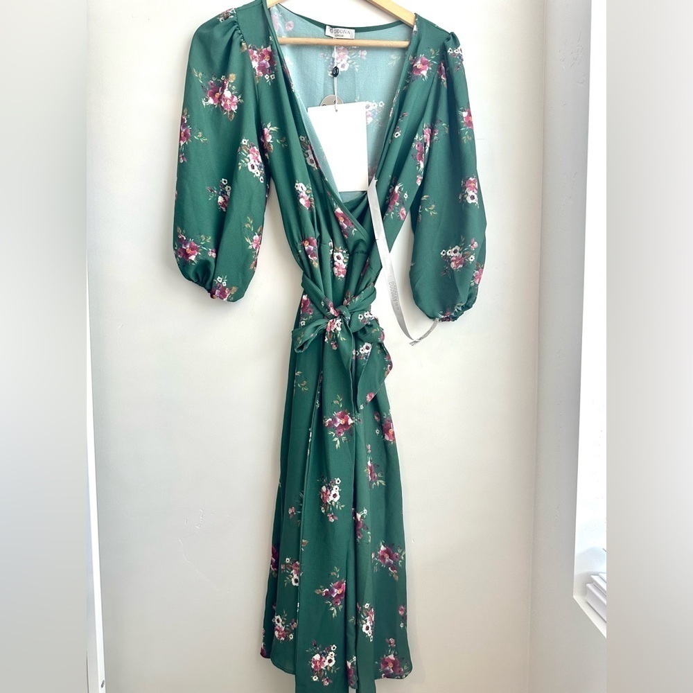 Goddiva Green Floral Wrap Dress